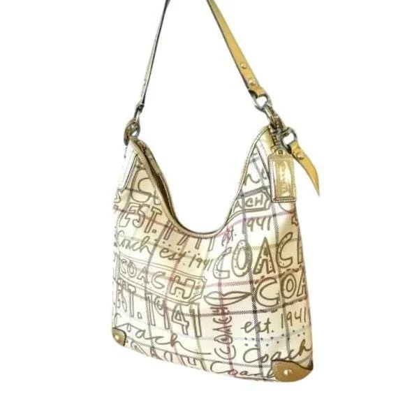 Coach Est 1941 Hobo Shoulder Bag Beige Plaid Script Logo - Picture 2 of 14